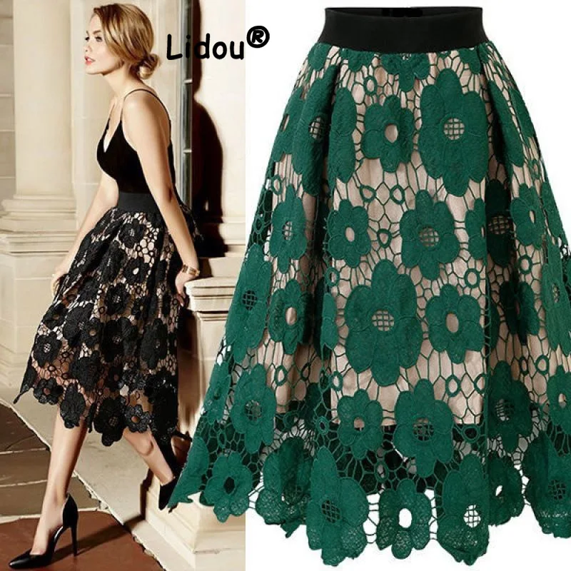 autumn winter lady slim commute solid color thickening skirt 2023 women s clothing elegant simplicity elastic high waist skirts Classic Lace Hollow Out Design Irregular Skirt Women Slim Simplicity Casual High Waisted Elasticity Lady All-match Skirt