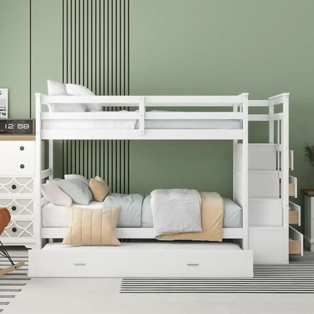 Solid Wood Twin Over Twin Bunk Bed with Stairs Trundle and Storage Drawers Safe Rails and Sturdy Climbing White Finish Size