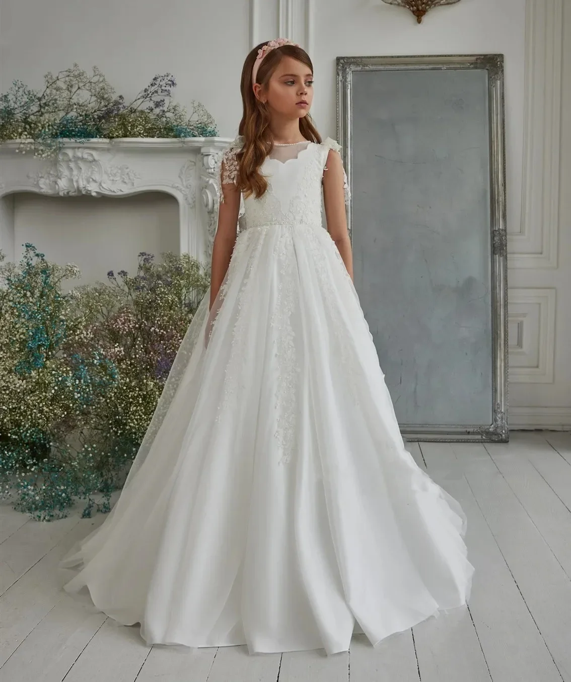 Puffy Dresses For Girls High Collar Bow Communion Dress Flower Girl Dresses Flower Girl Wedding Kids Ball Gown