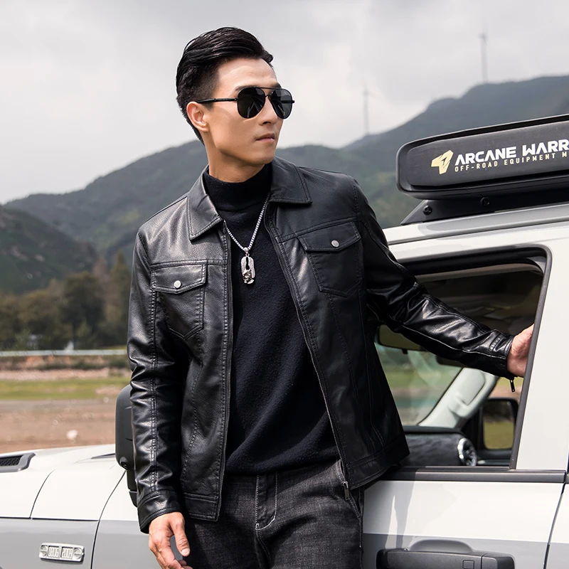 Leather Jackets Men Winter Jacket Men's Casual PU Leather Jacket Solid Color Business Collar PU Blazers Long Sleeve Dress Coat