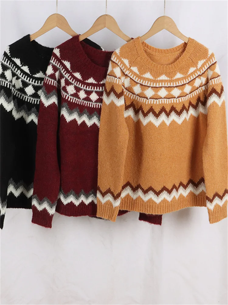 

Women Contrast Ethnic Style Patterns Jacquard Sweater Autumn 2023 New O-Neck Long Sleeve Ladies Wool Blended Loose Pullover Tops