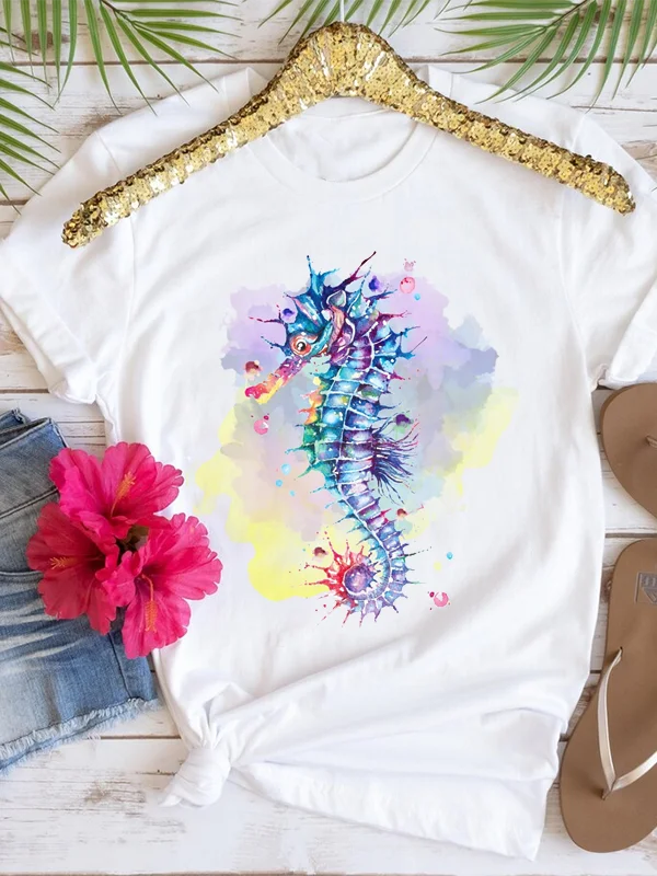 

Cute Chroma Watercolour Seahorse Print Women T-shirt New Fashion Doodle Lover Street Casual Female Shirt Trend Literary Girl Tee