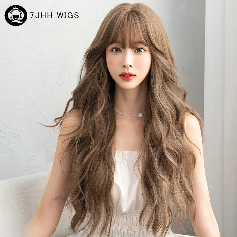 7JHH WIGS Fashion Body Wavy Honey Blonde Wig for Women Four Seasons High Density Layered Synthetic Brown Hair Wigs with Bangs
