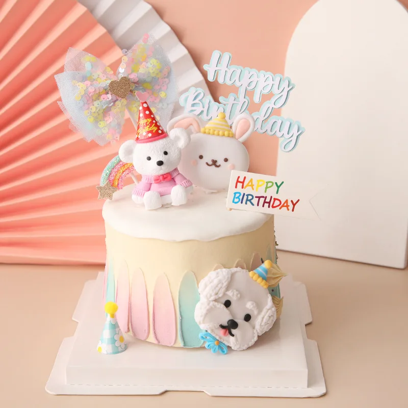 

Dog Party Soft Pottery Bear Bunny Animal Cake Topper Decoration Flower Smiley Paper Card Children's Baby Birthday Baking Supplie
