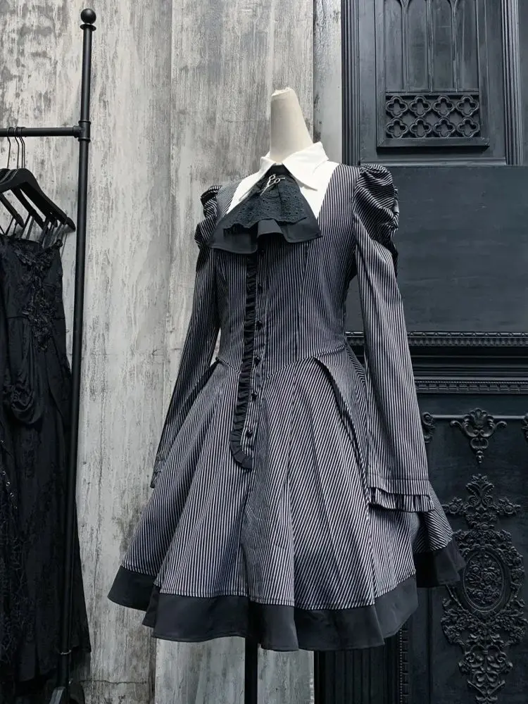 Gothic Style Dress Dark Striped Peter Pan Collar Lace Bow Puff Sleeve Harajuku Japanese Subculture Dark Party Outfit 2026 New
