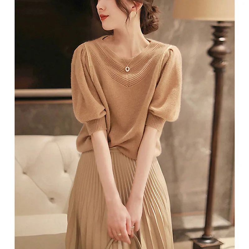 Fashion Solid Color Ice Silk Knitting Blouse Classic Short Sleeve O-collar Slim Office All-match Lady Pullover Shirt 2023