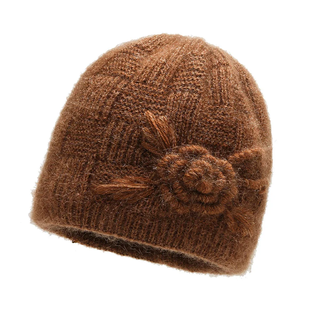 Bonnet for Women Winter Hats Fashion Floral Cross Knitted Hat Ladies Warm Velvet Winter Hat Skullies Beanies MOM Grandmother Cap 5