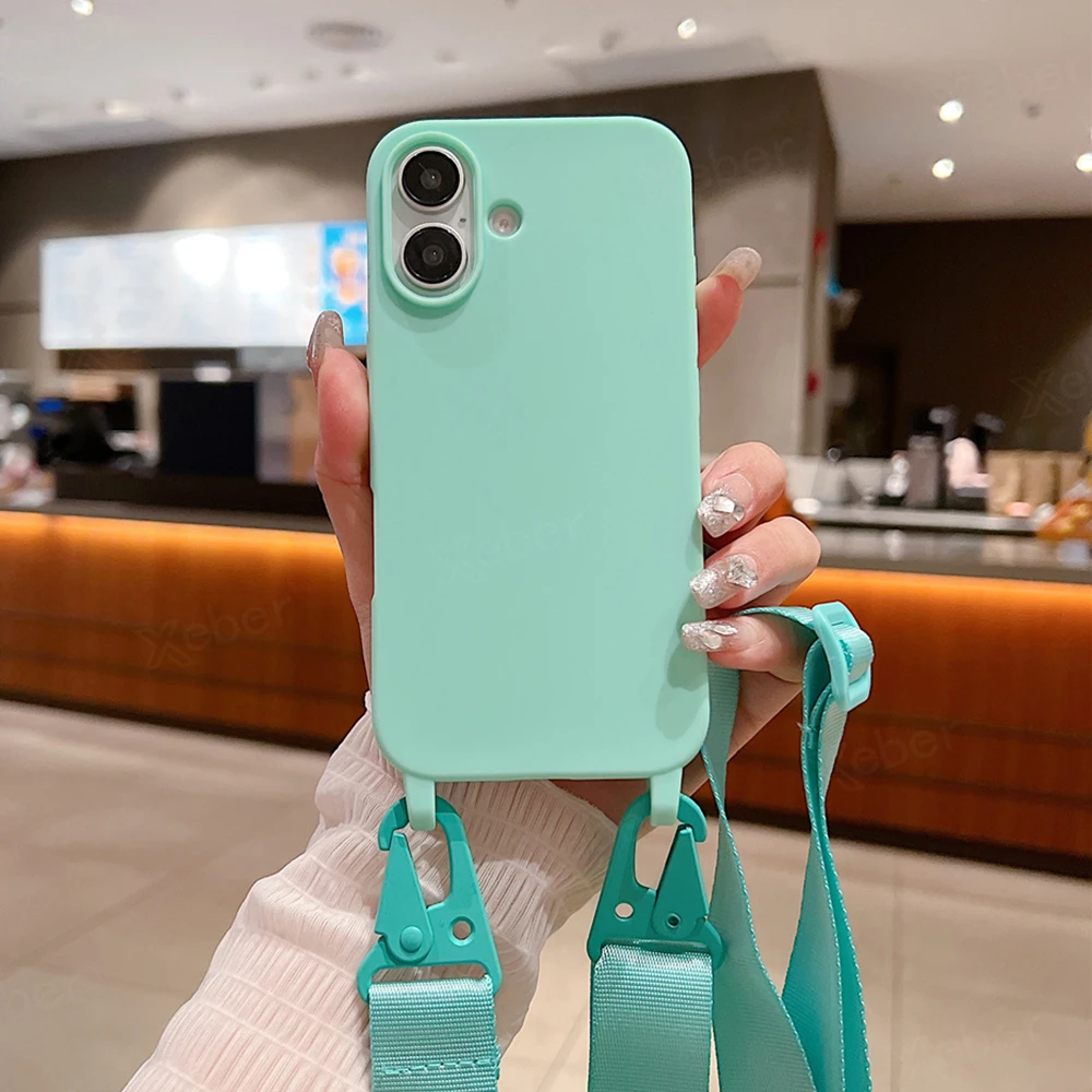 Étui de téléphone en silicone mat avec lanière large et collier bandoulière pour iPhone 16 15 14 Pro Max 13 12 11 XR XS MAX Housse mate antichoc_voghion.com