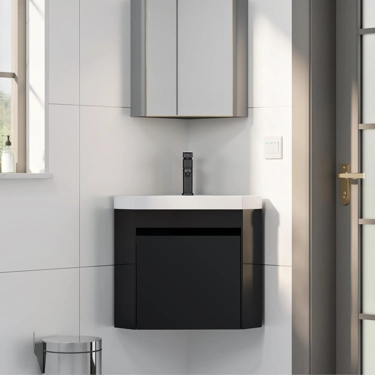 22" Corner Bathroom Vanity Sink Combo for Small Space Wall Mounted Floating Cabinet with White Resin Sink & Matte Black Faucet 2