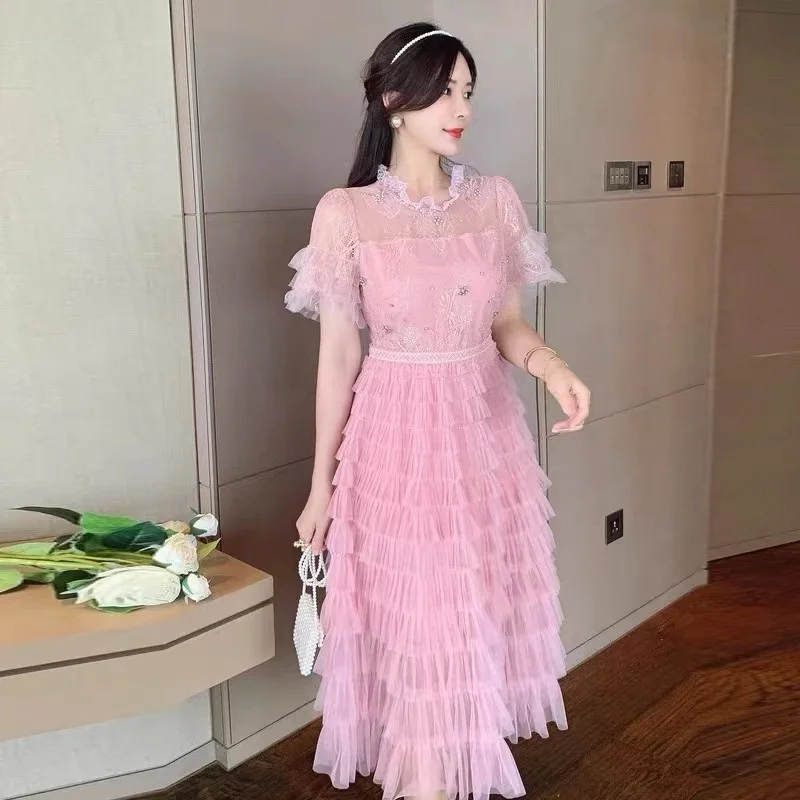 

Multi-Layer Ruffles Patchwork Lace Round Neck Diamond Dress Women's Short Sleeve Summer Sweet High Waist Party Elegant Vestidos