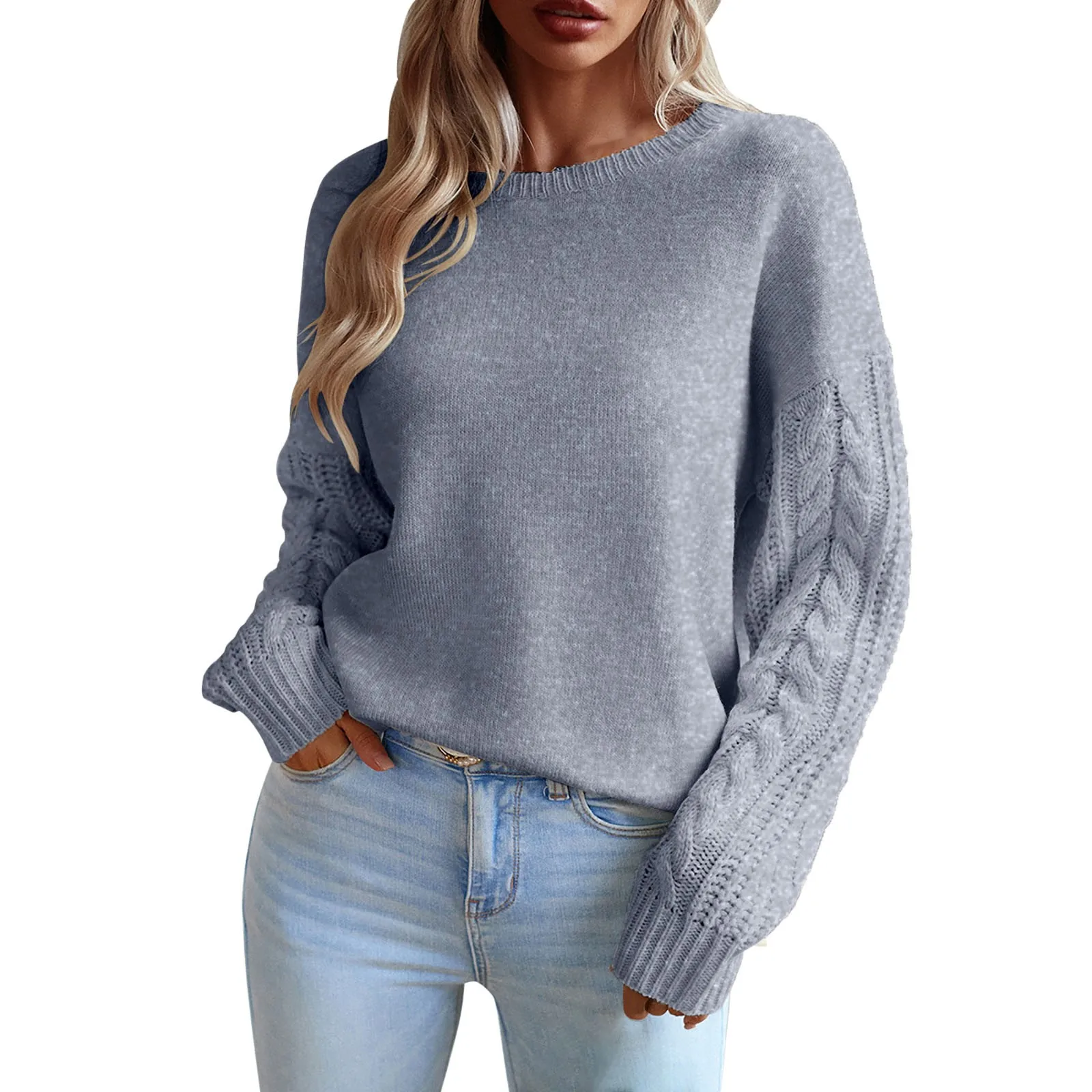 

Ladies Fashion Comfortable Solid Color Round Neck Long Sleeve Knit Sweater Sweater Winter Shirts