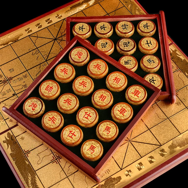 Traditional Chinese Xiangqi Portable Chess Set,Travel Board Game Set with  Resin Chess Pieces and Leather Chessboard