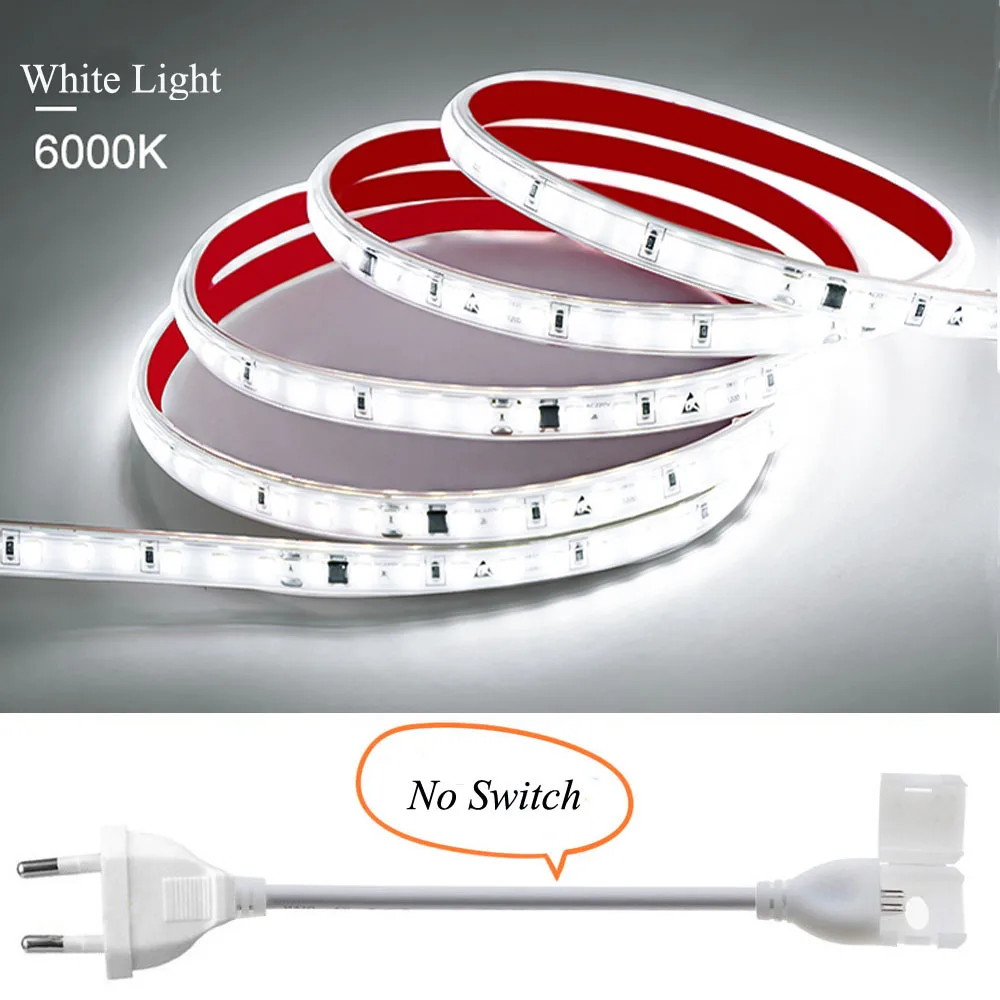 thumbnail image 1 of Tira de luces LED de 120 LED/m, 220 V, flexible y de 10 cm, cortable, con cinta adhesiva 2835, enchufe europeo, para tocador, armario, decoración del hogar, 1 of 5