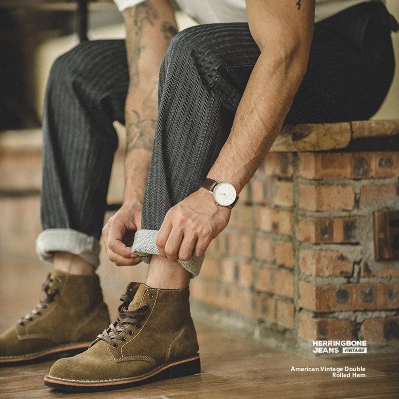 Maden Workwear American Retro HBT ey Straight Leg Slim Fit Ameika Khaki Stripe Men's Trendy Jeans Casual Straight Pants