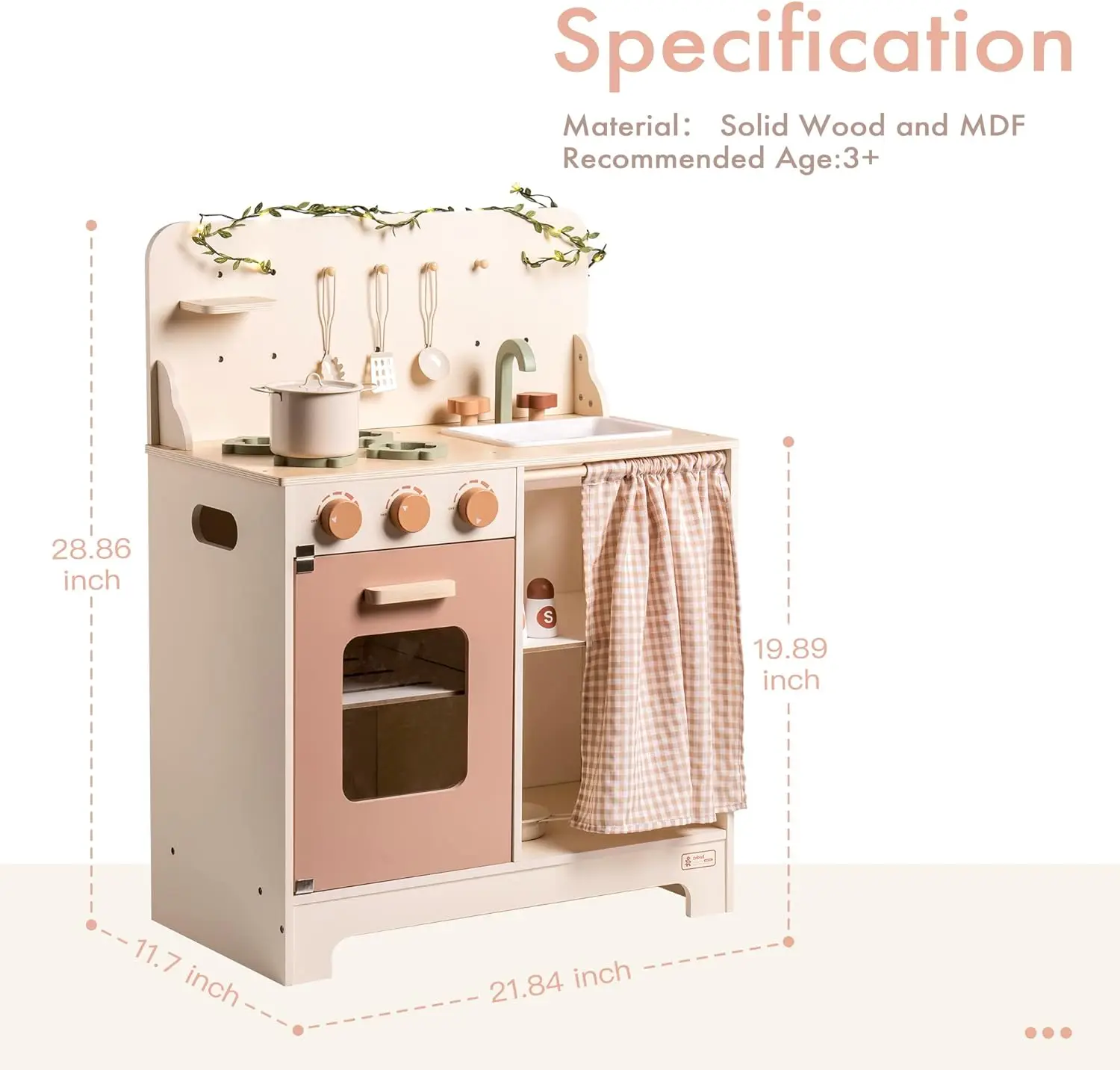 Robotime Robud  Kids Play Kitchen Set Rustic Wooden Kitchen Pretend With Leaf Light String Apron for Toddlers 3+ (Rustic Style) 6