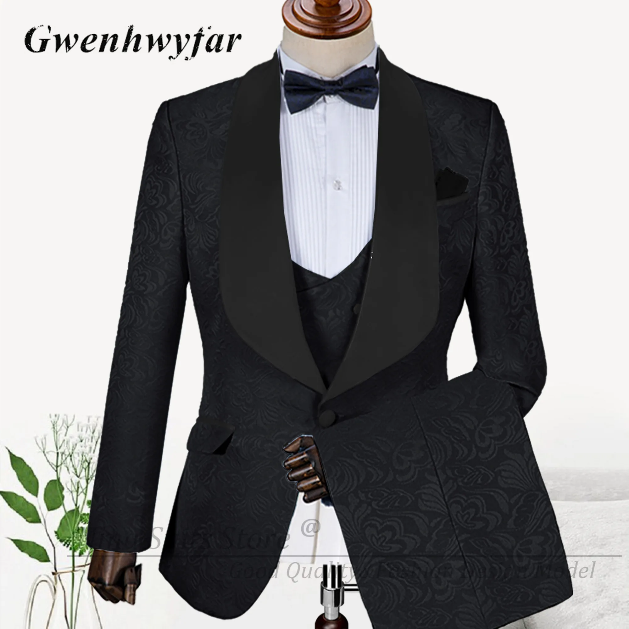 G&N Italian Design Men's Pattern Suits Dark Green Jacqaurd Formal Blazer Pants for Groom Wedding Party Wear Costume Homme