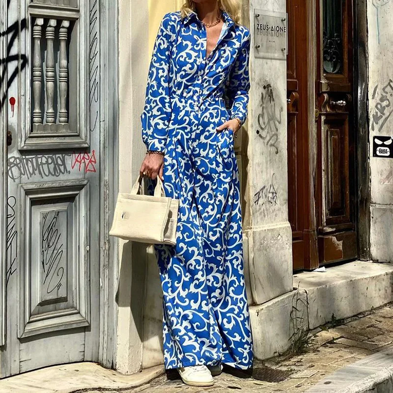 

Elegant Pattern Printed Long Sleeve Wide Leg Overalls 2023 Spring Streetwear Women Jumpsuits Fashion Lapel Button Shirt Romper