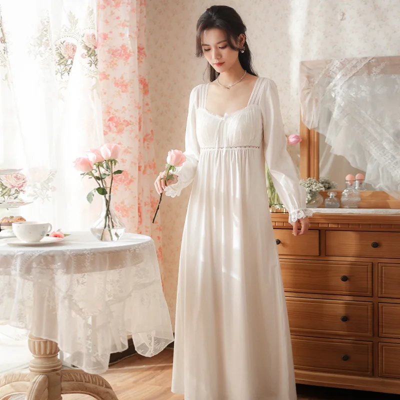 Long Sleeve Cotton Sleep Dress Women Princess with Built-in Padding Long Nightgown Lace, Home Clothing, Autumn