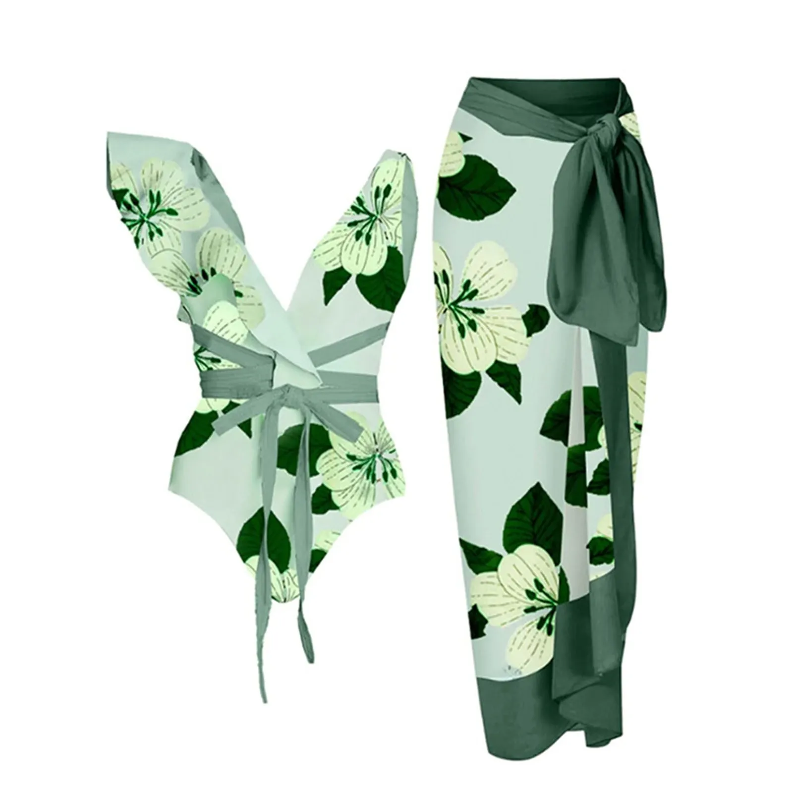 

2024 New Arrival Women's National Style Sexy Bikini Belted Swimsuit Sets Push Up Floral Printed Ruffle Strappy Bandage Swimwear
