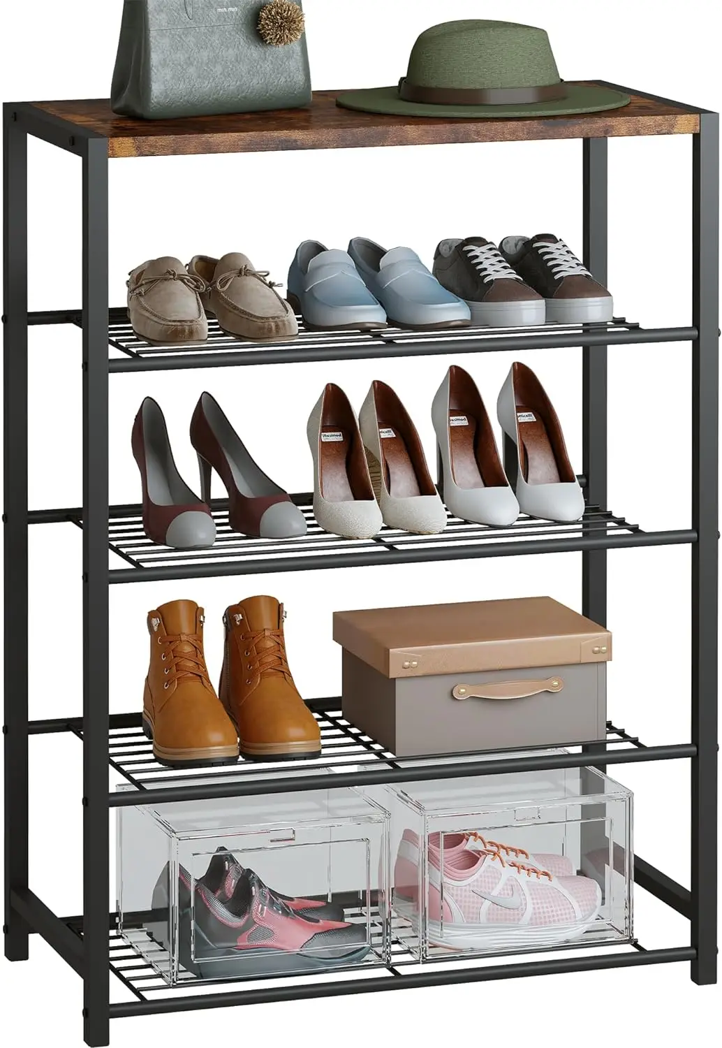 

Shoe Rack, 5 Tier Shoe Organizer Storage for Closet Entryway, Narrow Tall Metal Shoe Shelves with Industrial Wooden Top