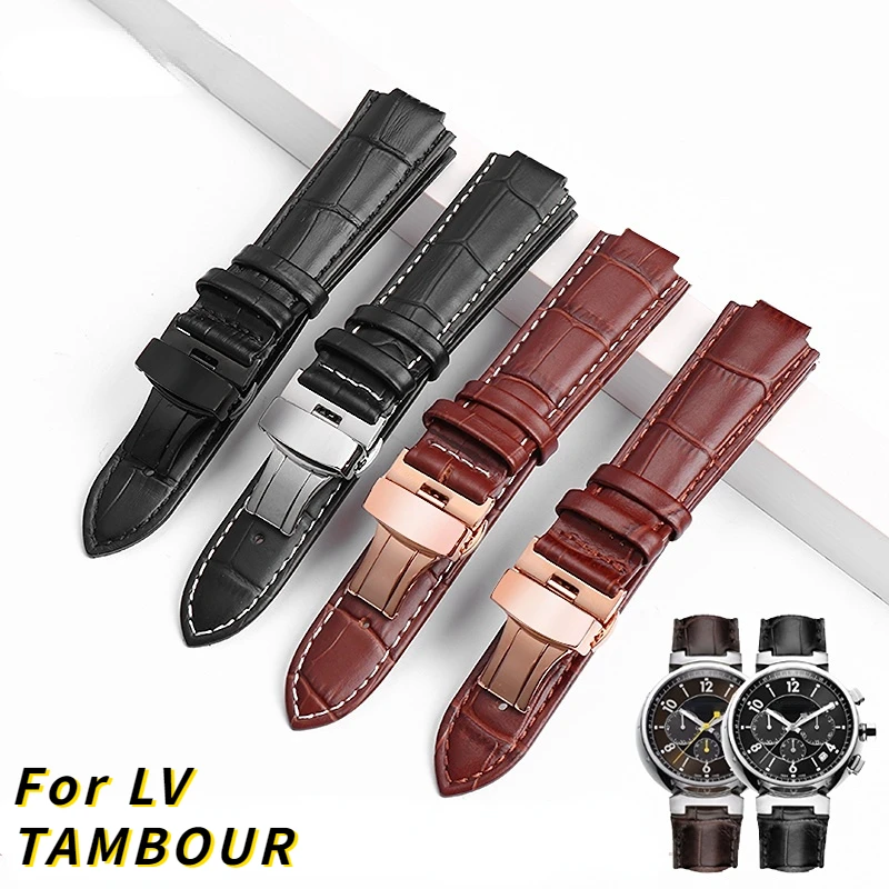Cinturino In Vera Pelle Catena Chiusura A Farfalla Per Louis Vuitton Tambour Q1121 Uomo Donna Q114K Lv Cinturino In Pelle Bovina 21.12Mm 18.10Mm