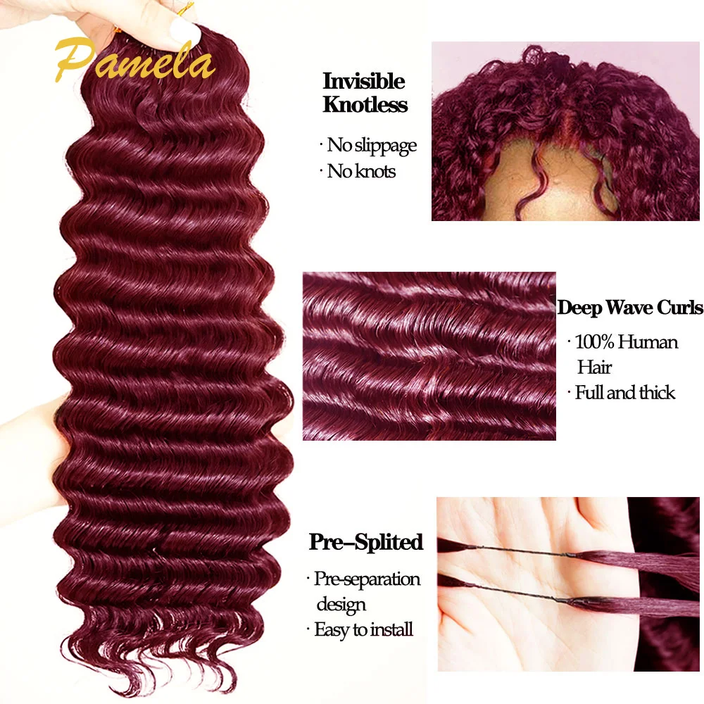 Burgundy Color Feather Crochet Human Hair Extensions Deep Wave 99j PreLooped PreSeparated Knotless Crochet Human Hair Extensions 2