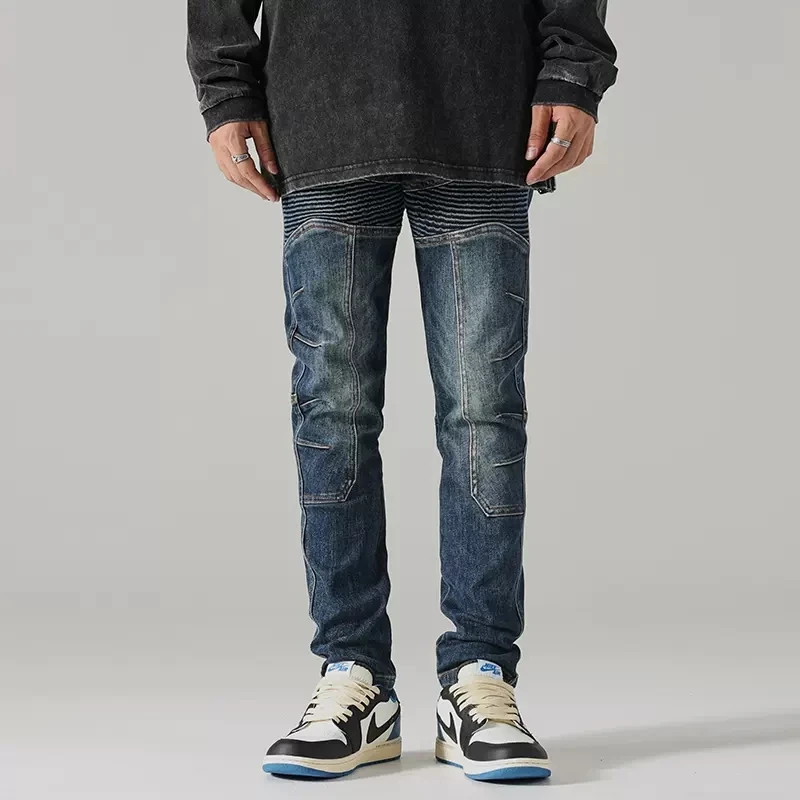 Streetwear Fashion Men Jeans Retro Blue Stretch Elastic Slim Fit Spliced Biker Jeans Men Patched Designer Hip Hop Pants Hombre