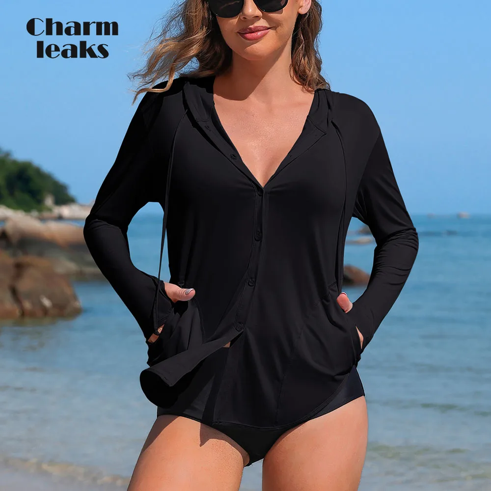 Charmleaks Women Rashguard Solid Loose Fitting with Button & Pockets Hoodies Drawstrings Thumb Holes Curved Hem Surfing Tops rash guard