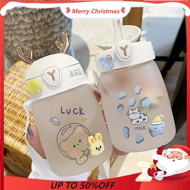

Cute and Warm Straw Cup Girl Milk Bottle Coffee Bottle Heat Resistant Glass Cup Female Student Fashion Portable Water Bottle