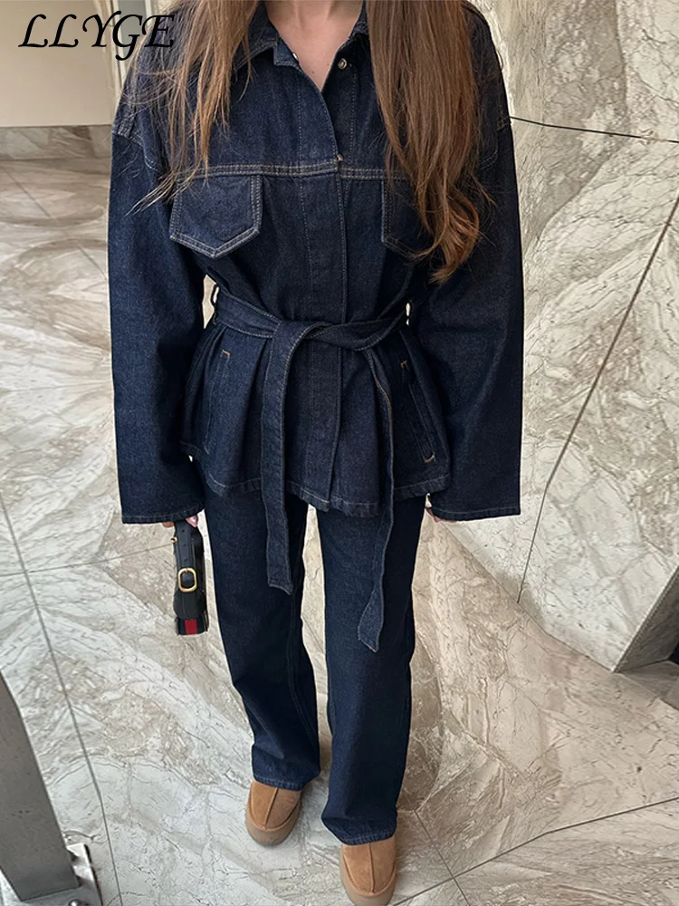 Vintage Belt Denim Jacket Pants Set Women Lapel Single