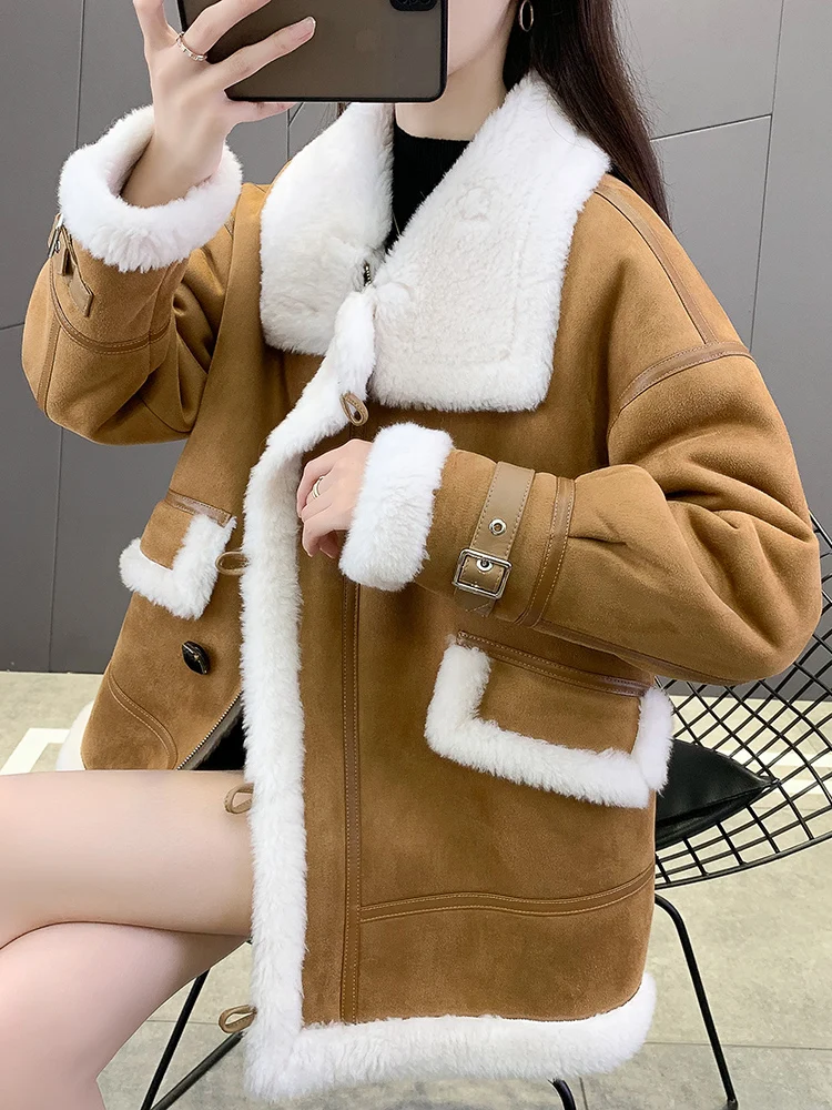 

Winter New Fur Sheep Sheared Fleece Fur One Piece Fur Coat Women's Mid length Lamb Hair Coat2023