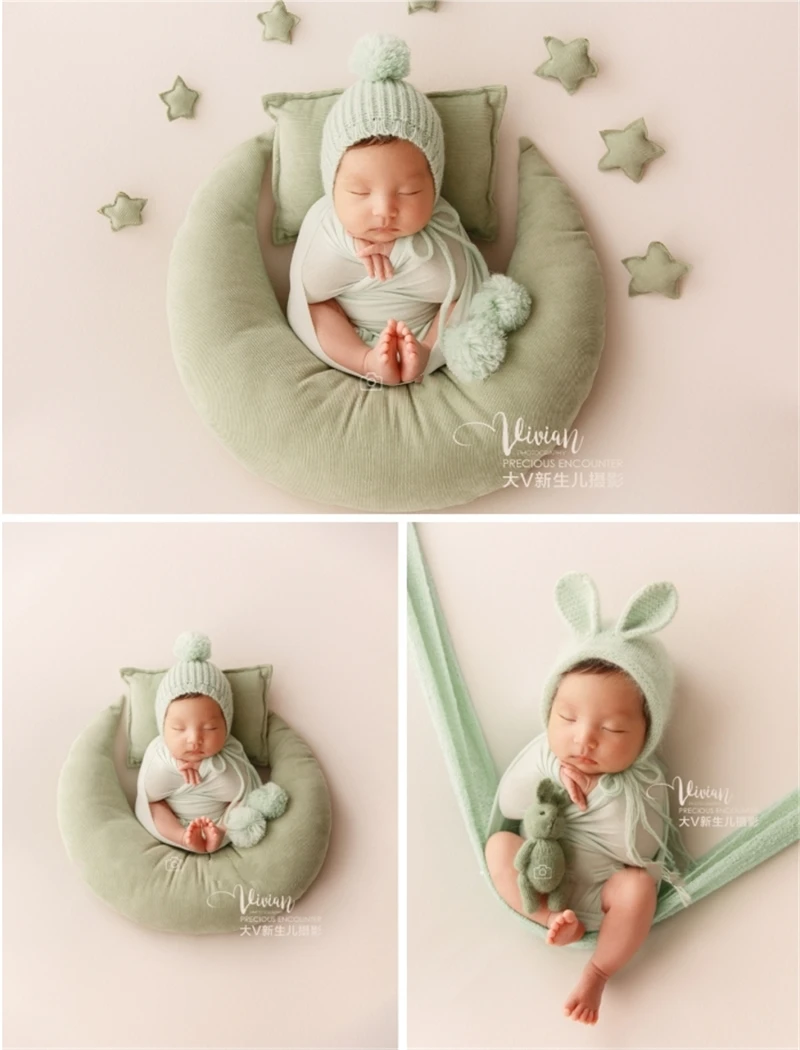 Newborn Baby Photography Props Green Moon Posing Pillow Stars Knitting Hat Soft Wrap Backdrop Theme Studio Shooting Photo Props