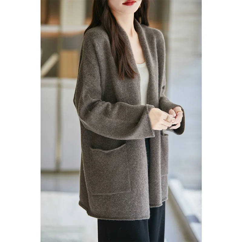 Christmas 100% Merino Wool 7-Needle Thick Knit Cardigan Loose Plus Size Top Women's Double Pocket Cashmere Coat Winter YYY2437 4