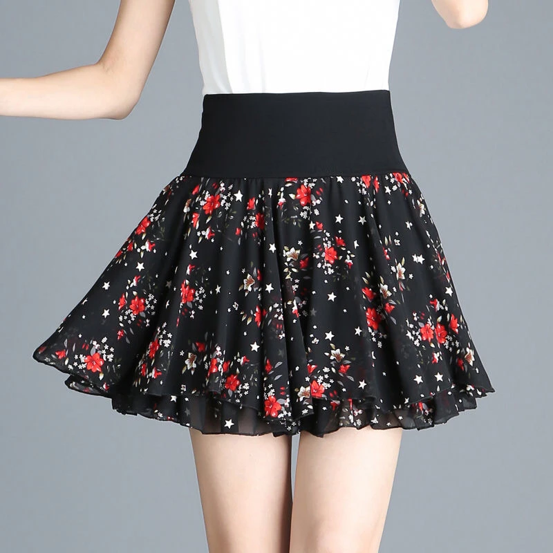 2021 Chiffon Short Skirt Wave Dot Skirt Puffy  Pants Summer Large Anti Light High Waist Half  A-line Yarn  Female Red rose skirt top