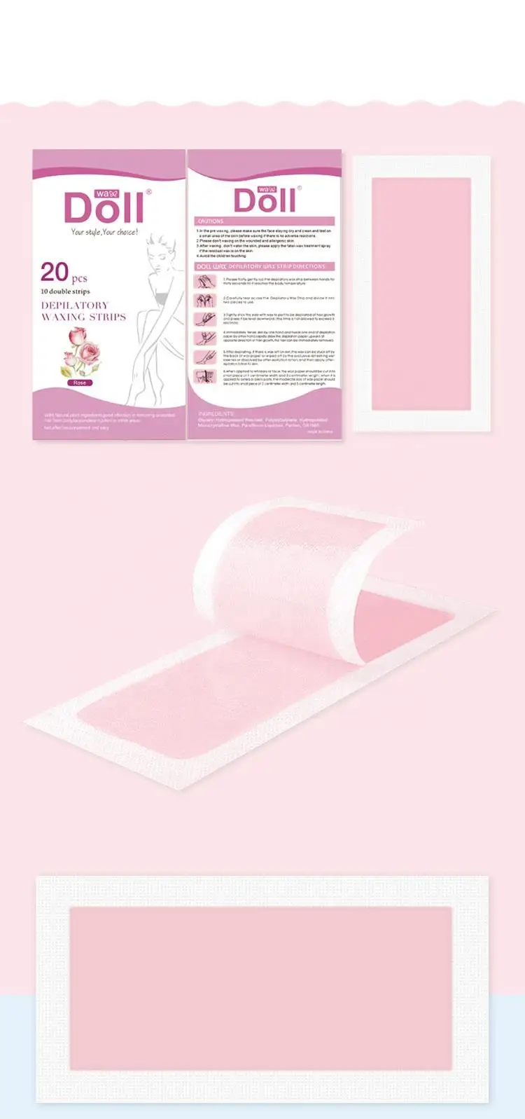 Beauty Spa quality Doll Wax strips 20pcs Hair Removal Depilatory Waxing Strips Factory rose Cold Cold Disposable wax strips