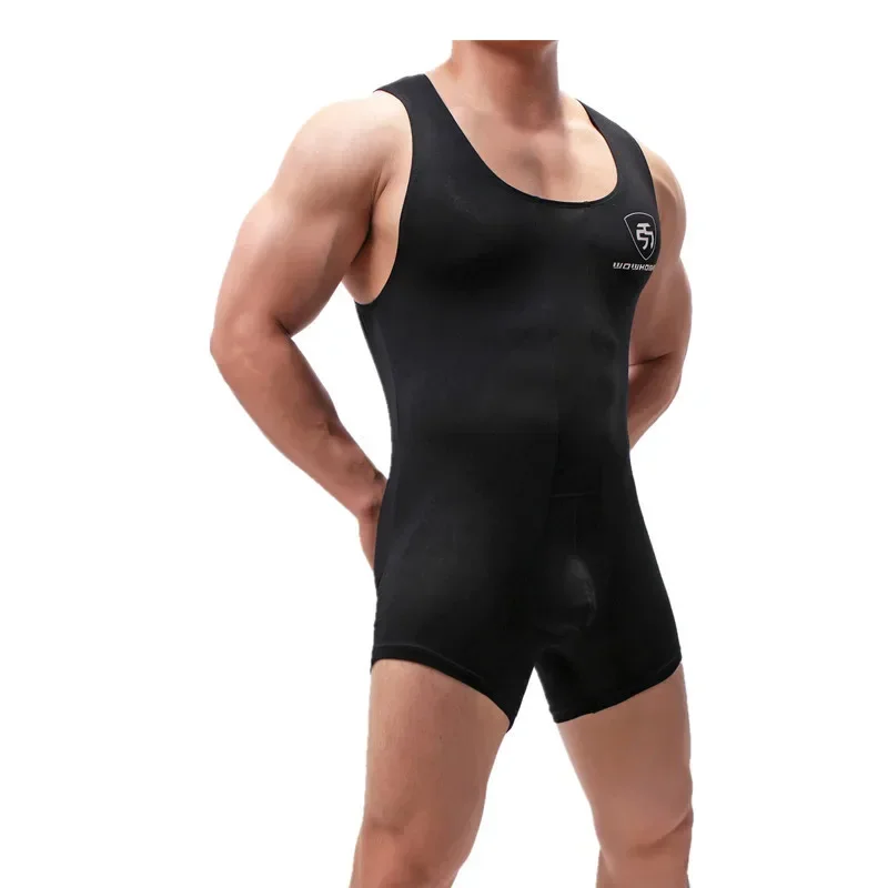 Sexy Men Slim Undershirts Wrestling Singlet One-Piece Leotards Sports Bodysuits Seamless Jumpsuits Bulge Pouch Underwear Rompers