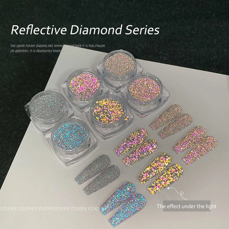 

1 Box Reflective Diamond Nail Powder Glitter Nail Shinning Crystal Rhinestone Sequins Pigment UV Gel Polish Nail Decoration