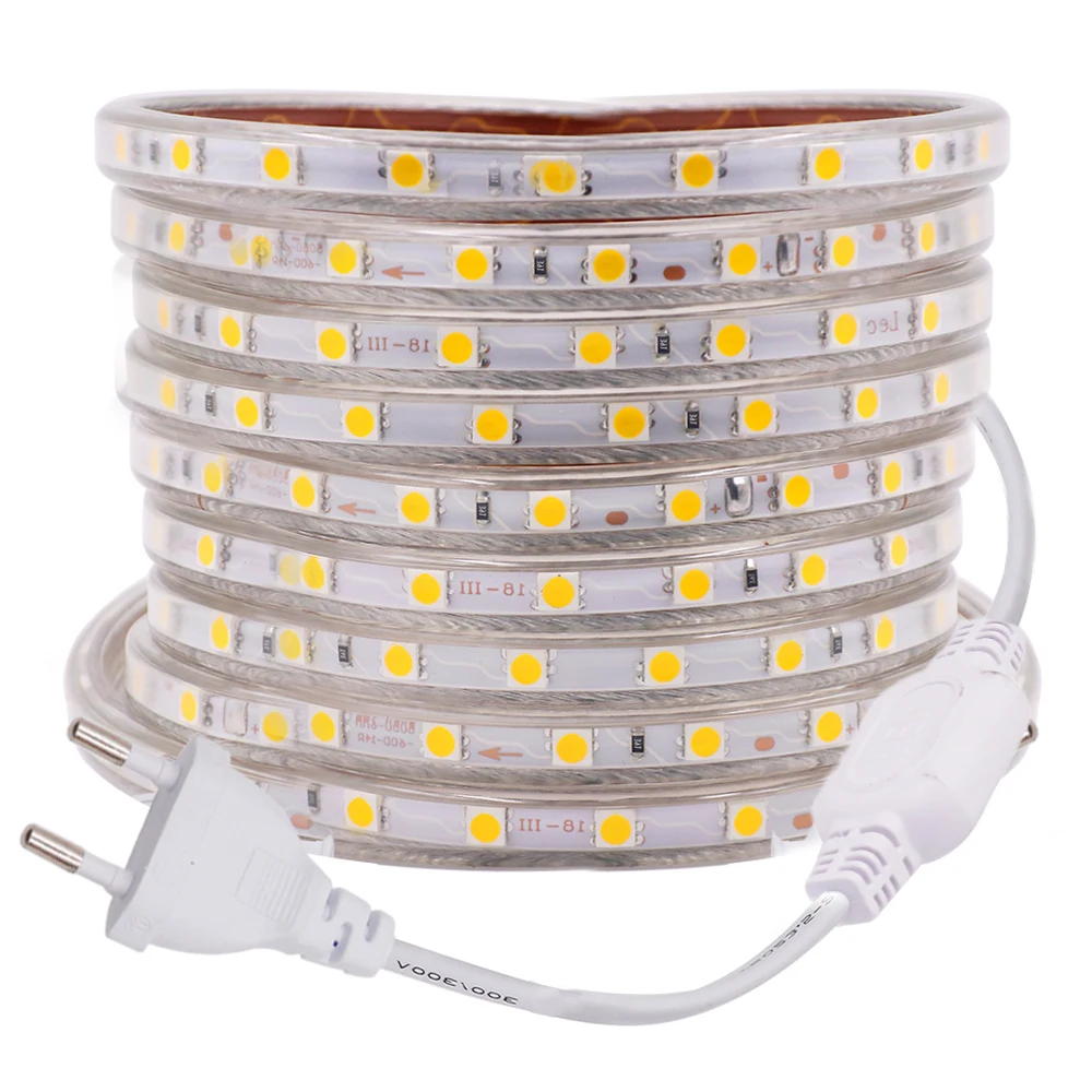 

5050 LED Strip Light Waterproof AC220V 60Leds/m Flexible LED Tape with EU Plug White Warm White Red Green Blue Outdoor LED Light