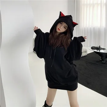 Women Fleece Thicken Cartoon Cat Ear Hoodie Sport Stylish Female Autumn Winter Pullover Tops Loose Mid-length Warmth Sweatshirt
