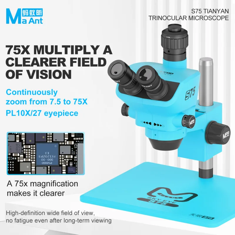 MAANT S75 삼안 현미경 7.5-75배 연속 줌 PL10X27 아이피스 아이폰 PCB 납땜 휴대폰 수리 정밀 도구