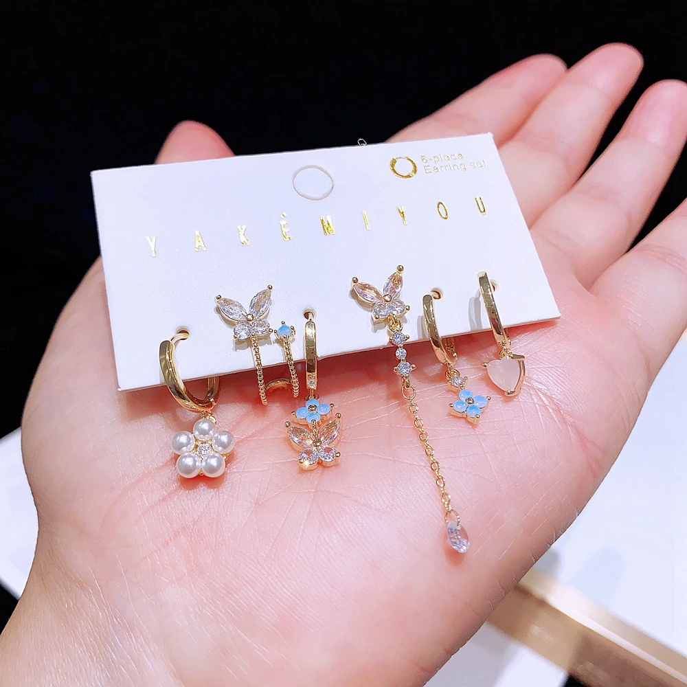 MIGGA 6pcs Pink Blue Cubic Zircon Butterfly Dangle Earrings Set for Women Luxury Mix and Match Party Jewelry 4