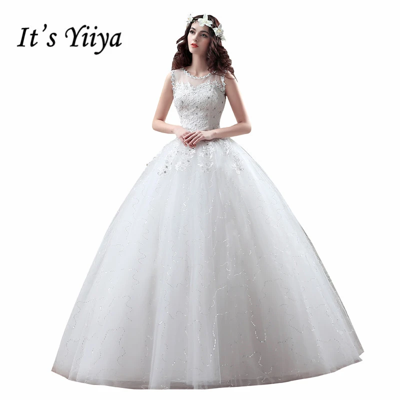 

It'sYiiYa white wedding gowns O-neck Crystal Sleeveless Princess Floor Length Bride Ball Gown Plus Size Vestidos De Novia XXN123