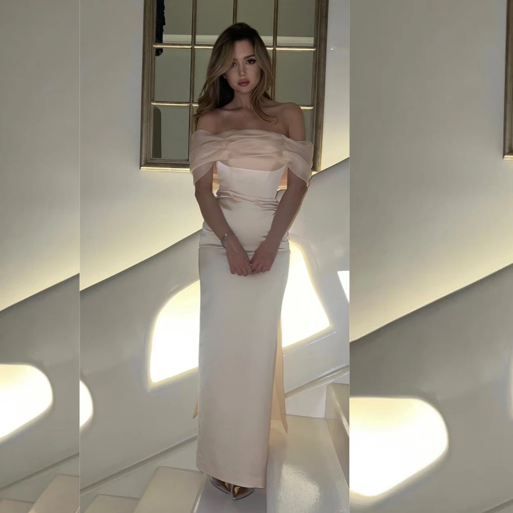 Satin Pleat Ruched Valentine's Day Sheath Off-the-shoulder Bespoke Occasion Gown Long Sleeve Dresses