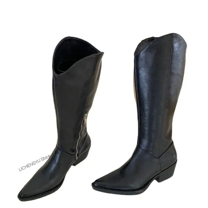 New Women Cowboy Boots Pointed Toe Women's Shoes Soft Leather Shoes Riding Over The Knee Boots