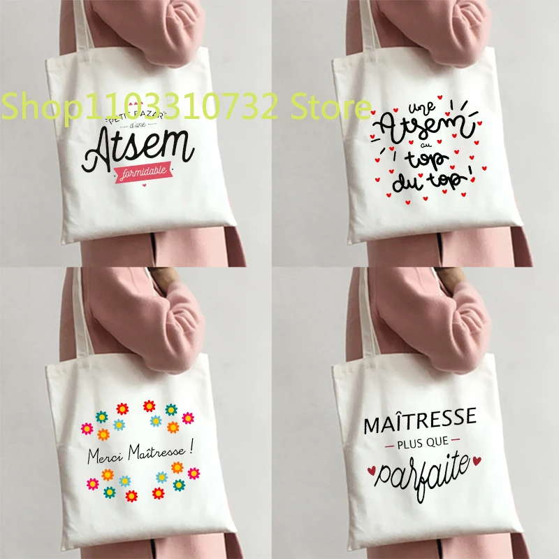 

New Female Bag Shopping Bags Shoulder Bag Foldable Reusable Casual Thank You Mistress Print Canvas Student Portable Handbags