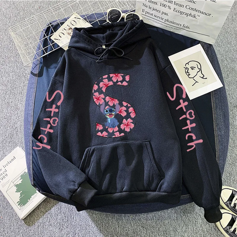 Sweatshirts Women's Winter Hoodies Cute Kawaii Disney Lilo & Stitch 26 English Letters Print Hoodie Fashion Couple Streetwear 6
