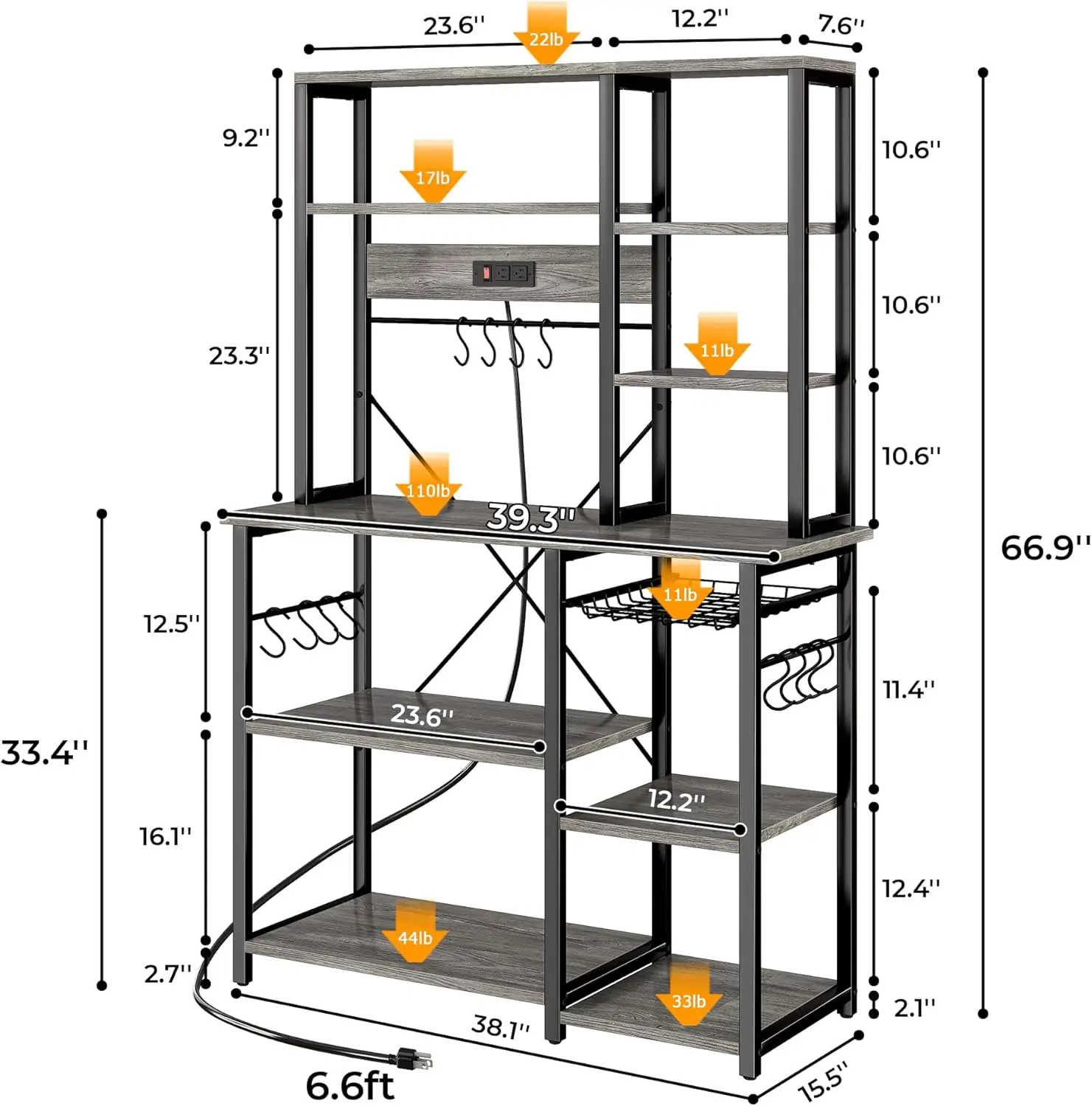 Bakers Rack with Power Outlets, 6-Tier Microwave Stand, Coffee Bar with 12 S-Shaped Hooks, Kitchen Shelf Wi