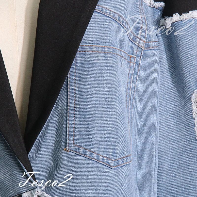 Tesco Spring Vintage Suit Blazer For Women Long Sleeve Denim Spliced Jacket Fashion Distressed Jacket Casual Loose Daily Blazer