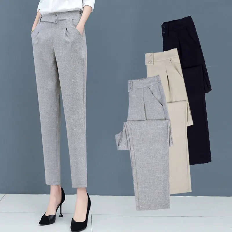 Women Spring Summer New Fashion Casual Elastic High Waist Solid Ruched Pocket Button Straight Loose Thin Small Foot Harlan Pants