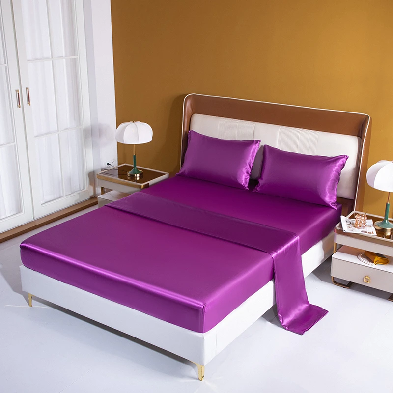 High Quality Bed Sheet Set Rayon Satin Silk Fittd Sheet Set Pilloecase Elastic Band Fixed Single Double Soild Color Bedding set